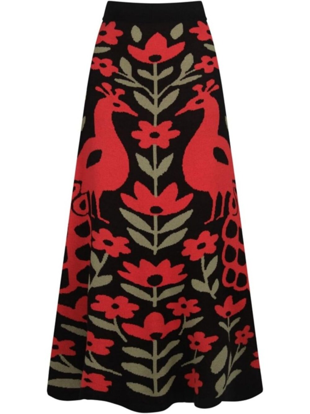 High Waist A-Line Midi Skirt for Women - Casual Retro Peacock Floral Print